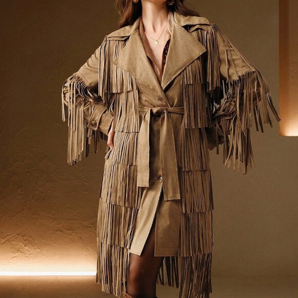 Camel Party Women's Lapel Necklong Sleeve Fringe Design Jacket - Picture 7 of 8